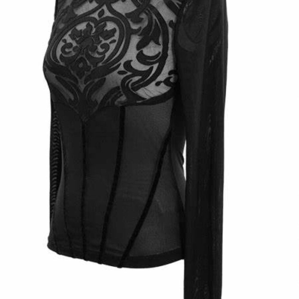 Devil Fashion Gothic Damask black sheer & velvet long sleeve top - Picture 11 of 12
